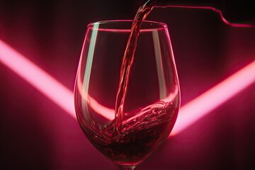 A close-up of a glass of red wine. Studio shot of wine being poured into a glass, illuminated by neon lights.