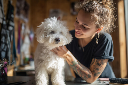 Young tattooed groomer smiling as she gently grooms a fluffy white dog in a sunlit pet salon, warm candid moment of care and companionship