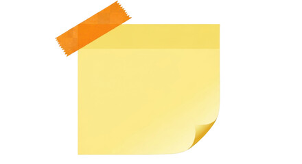 Yellow sticky note with a curled corner held by orange tape. Isolated on transparent background, png