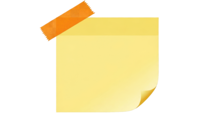 Yellow sticky note with a curled corner held by orange tape. Isolated on transparent background, png