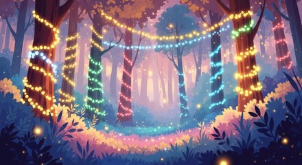 Enchanted Woodland Pathway Illuminated by Twinkling Festive Lights Creating a Magical Atmosphere of Wonder and Joy
