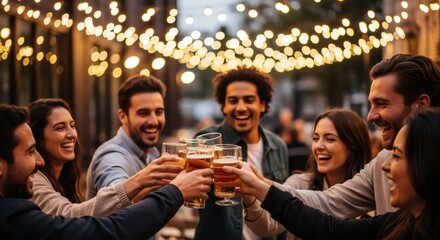Friends enjoy a celebratory toast outdoors under warm string lights creating a festive and joyful atmosphere