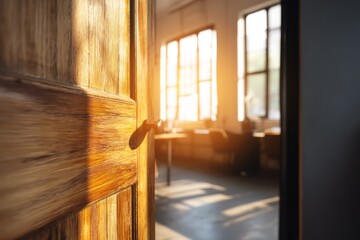 Wooden office door partially open revealing sunlit modern room