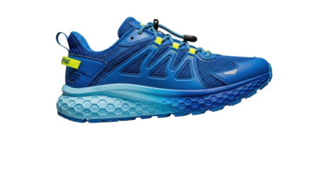 Isolated blue running shoe angled to the right for sport, training, active, or fitness use