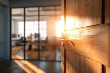 Wooden office door partially open revealing sunlit modern room