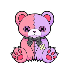 Two-Tone Creepy Cute Teddy Bear &ndash; Pink and Purple Hand-Drawn Doll