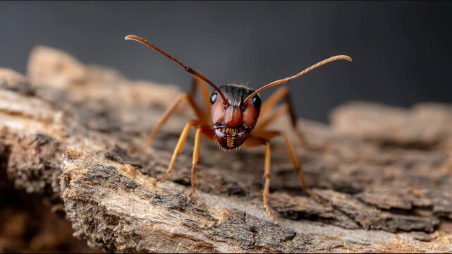 A high-resolution close-up of an ant on a piece of wood, highlighting its intricate details and showcasing the beauty of nature in macro photography.