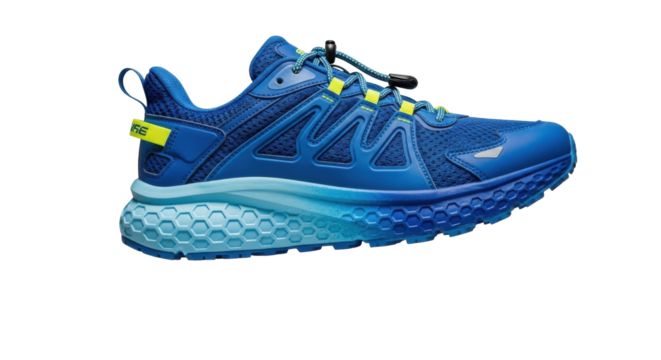 Isolated blue running shoe angled to the right for sport, training, active, or fitness use