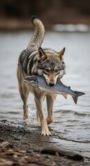 Wolf with Fish - A Successful Catch in the Wild.