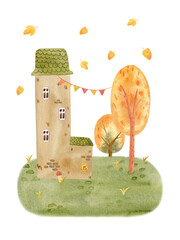 Cute watercolor autumn house surrounded by colorful trees and falling leaves. Cozy fall landscape perfect for seasonal cards, posters, prints, and home decor.
