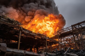 Industrial structure collapsing from intense fire and heat