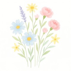 A beautiful watercolor floral bouquet, showcasing a vibrant collection of different flowers. Delicate petals in soft hues and lovely leaves