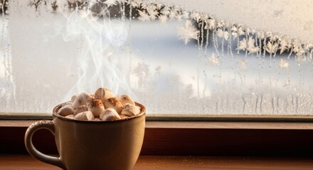 Warm mug of hot chocolate with marshmallows on a frosty window sill during winter season enjoying the cozy atmosphere indoors