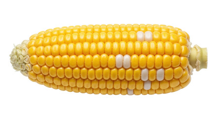 Isolated ear of fresh corn, sweet yellow kernels, rows of kernels, side view, whole foods