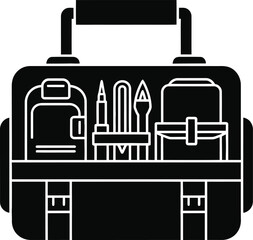 Stylized black and white illustration of an open tool bag filled with various art supplies and brushes
