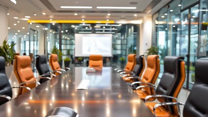 A spacious conference room featuring contemporary design elements, highlighted by stylish orange chairs surrounding a large dark table. The atmosphere is professional and inviting.
