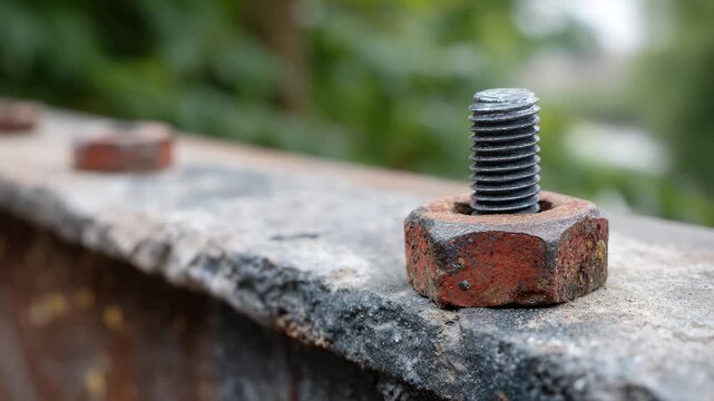 A close-up shot of a rusty bolt secured with a weathered nut, set against a blurred natural backdrop, highlighting the intersection of decay and the environment in an artistic way.