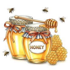 Honey Jars with Honeycomb and Bees - A Sweet and Natural Illustration.