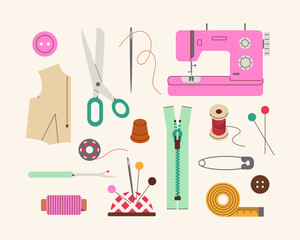 Set of sewing accessories in flat style: sewing machine, scissors, threads, needles, zipper, tape measure, buttons and other needlework tools.