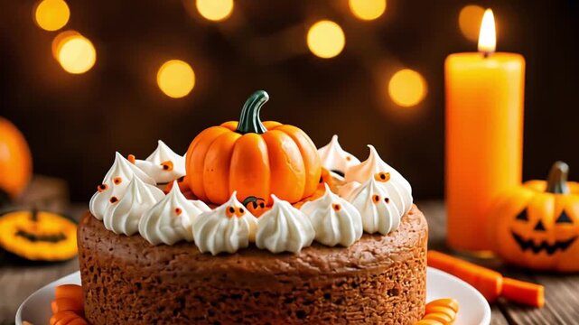 A decorated pumpkin cake with whipped cream and candy corn sits on a wooden table. Soft orange lights create a warm, festive atmosphere for Halloween.	
