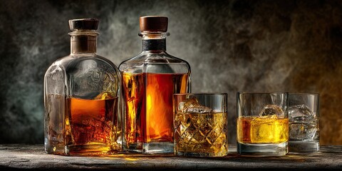 Bottles and glasses with various alcoholic drinks on the table against a gray background. Studio photo
