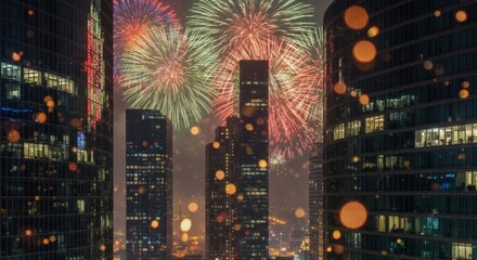 Spectacular Cityscape Illuminated by Vibrant Fireworks Display on a Clear Night