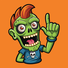Cartoon zombie character pointing upwards with a funny expression on orange background