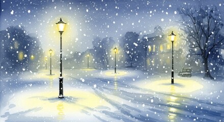 Enchanting Winter Evening with Glowing Streetlights and Gentle Snowfall on a Quiet Town Street