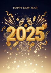 Happy New Year 2025 Celebration with Golden Numbers and Festive Elements.