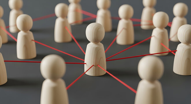 A large crowd of wooden figures representing people, symbolizing community, society, and population.