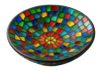 A vibrant mosaic candy dish, perfect for adding flair to any eclectic decor.