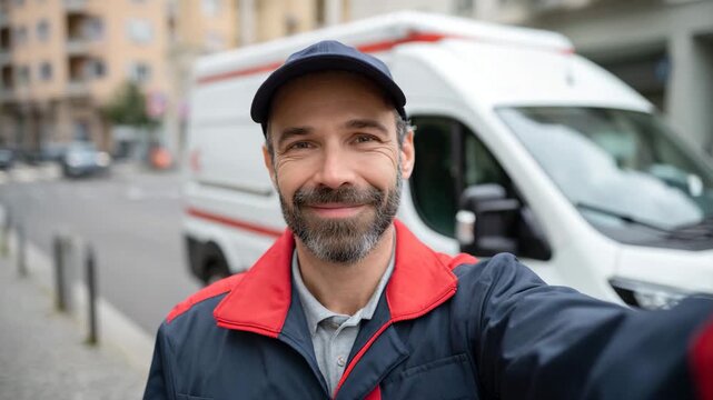 A friendly delivery worker stands in front of their service vehicle, flashing a smile, embodying helpfulness and professionalism in their role within the community.