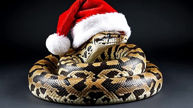 Python snake coiled up, wearing a red and white Santa hat, celebrating Christmas or festive winter holidays on black background