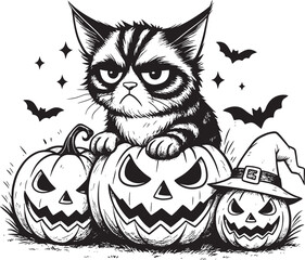 alloween silhouette pumpkin creepy cat, flying bats, scary faces, haunted house, ghosts, and spooky elements in clean vector black