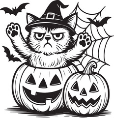 alloween silhouette pumpkin creepy cat, flying bats, scary faces, haunted house, ghosts, and spooky elements in clean vector black