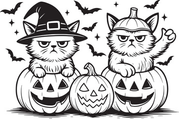 alloween silhouette pumpkin creepy cat, flying bats, scary faces, haunted house, ghosts, and spooky elements in clean vector black