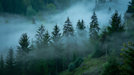 Misty Forest with Tall Evergreen Trees and Foggy Atmosphere nature