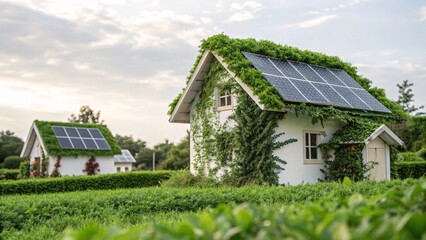 Eco-friendly white houses with solar panels, green living roofs, climbing vines, lush grass, sustainable architecture in countryside.