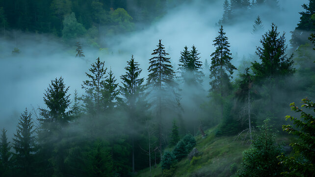 Misty Forest with Tall Evergreen Trees and Foggy Atmosphere nature