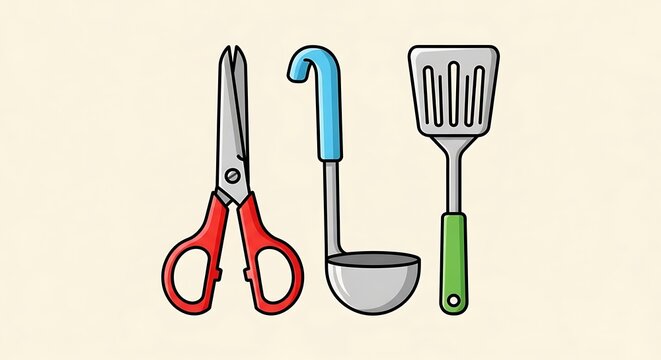 Kitchen Utensils - Scissors, Ladle, and Spatula Illustration.
