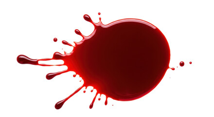 Isolated red liquid splash with drips and droplets, liquid with surface tension and sheen