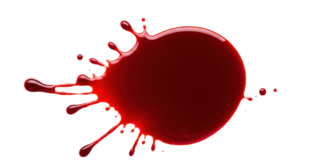 Isolated red liquid splash with drips and droplets, liquid with surface tension and sheen