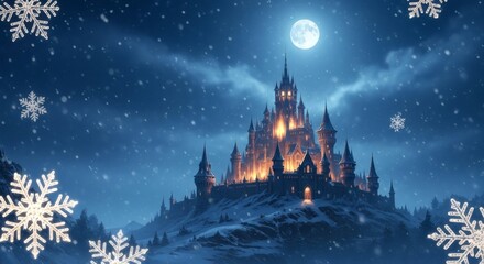 A Magnificent Castle Bathed in the Soft Glow of a Full Moon on a Snowy Winter Night with Falling Snowflakes