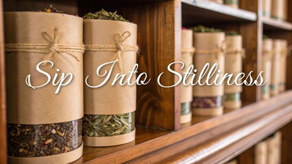 Herbal Tea Selection in Rustic Wooden Shelf with Natural Decor