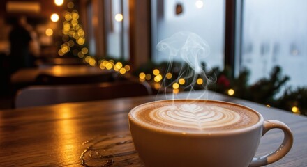 Warm Cup of Coffee on a Wooden Table in a Cozy Cafe with Festive Holiday Decorations in the Background