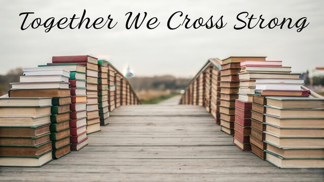 Inspirational Image of Books on Bridge with Motivational Text
