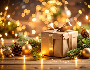 Warm Christmas gift on rustic wooden table, kraft paper box with gold ribbon amid evergreen branches, pine cones and golden baubles, glowing fairy lights and soft bokeh creating a cozy festive atmosph