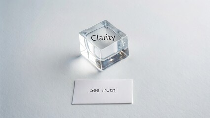 Glass Block with Clarity Inscription on White Surface with Card