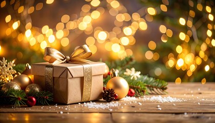 Cozy Christmas gift on rustic wooden table, kraft paper box with gold ribbon beside evergreen branches, pine cone and golden baubles, warm glowing bokeh lights and subtle snow sprinkles for festive 