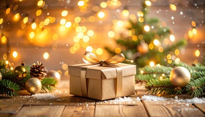Festive Christmas gift on wooden table with kraft paper box and gold ribbon, evergreen branches, pine cone and golden baubles, warm glowing bokeh lights and snow sprinkles creating a cozy holiday scen